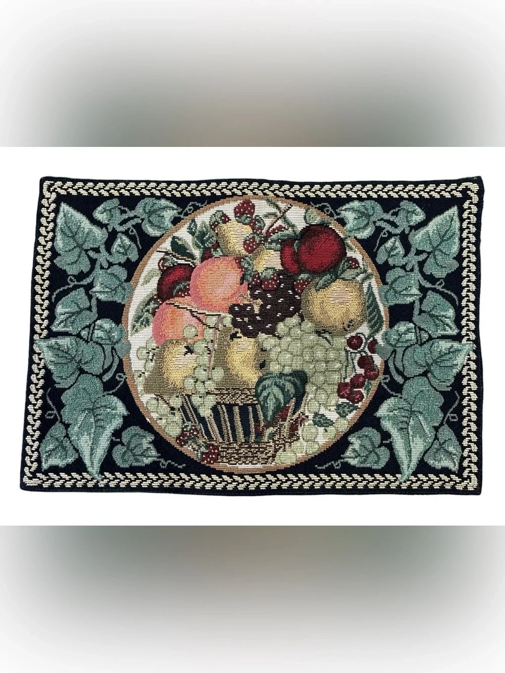 SET OF 12 TAPESTRY PLACEMENTS W FRUIT & IVY CORNUCOPIA DESIGNS W GREEN BACKING